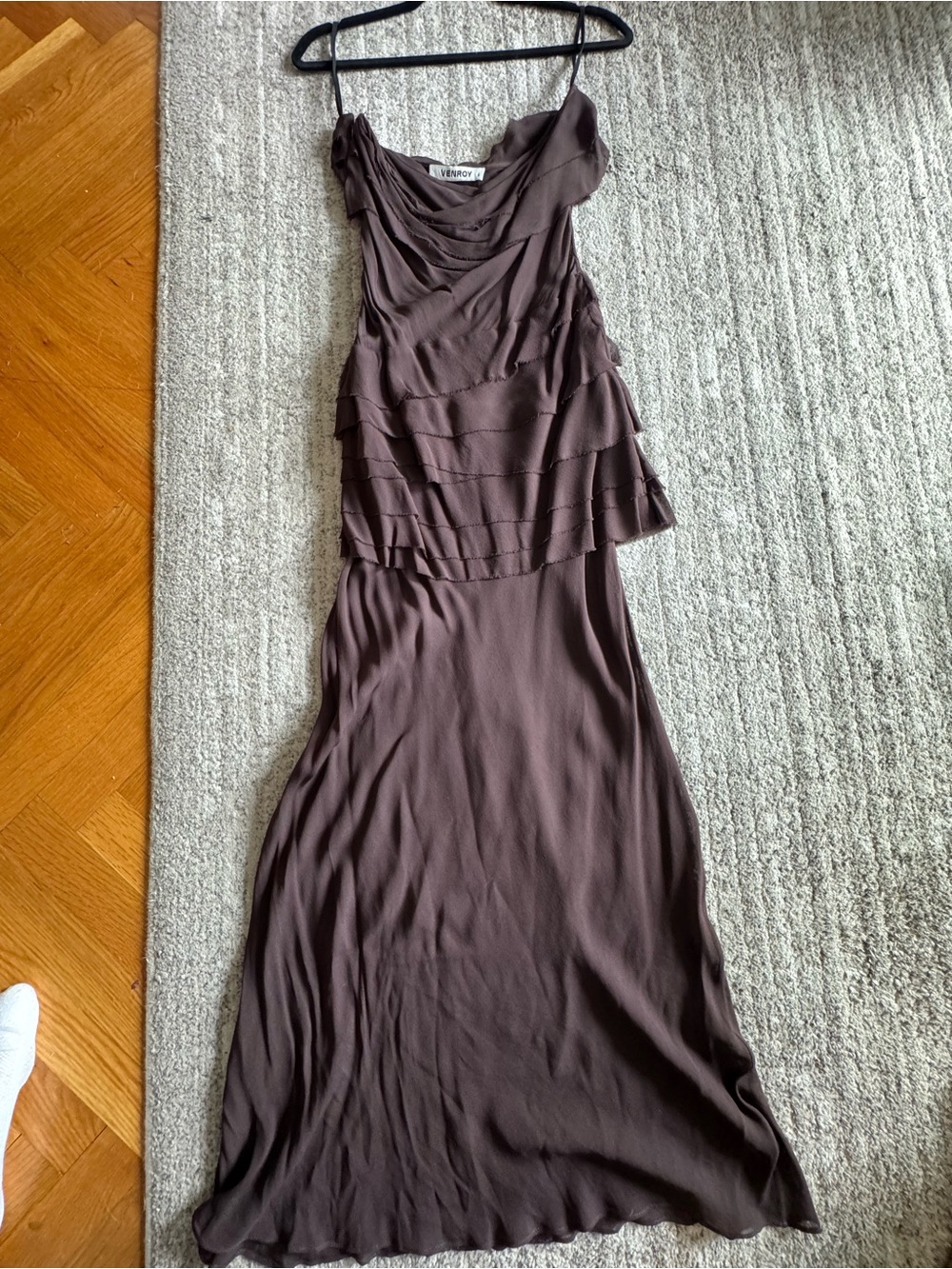 Venroy Chocolate Brown Tiered Slip Dress